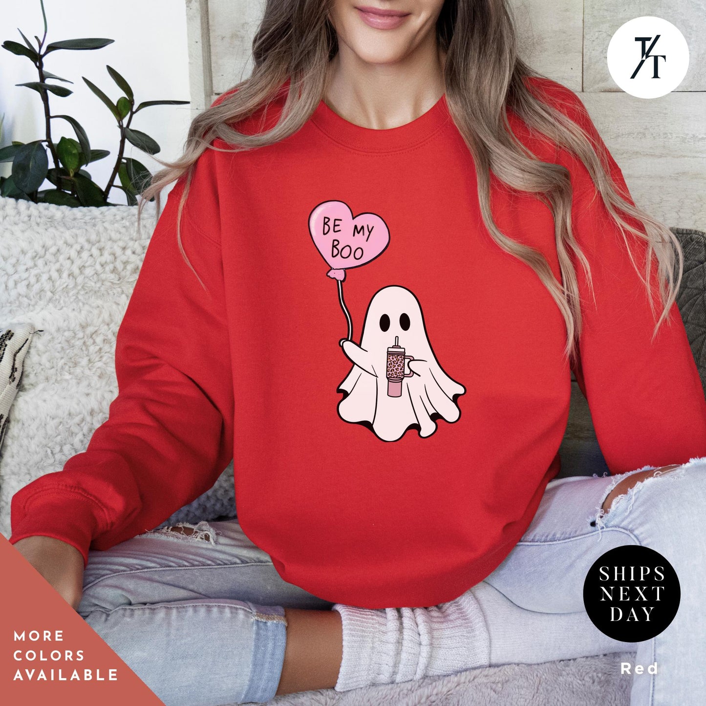 a woman wearing a red sweatshirt with a ghost holding a heart balloon, Be My Boo Sweatshirt, ghost sweater, valentines day hoodie, Valentine Sweatshirt, Heart Sweatshirts, Ghost Sweater, Be Mine Sweatshirts Xoxo