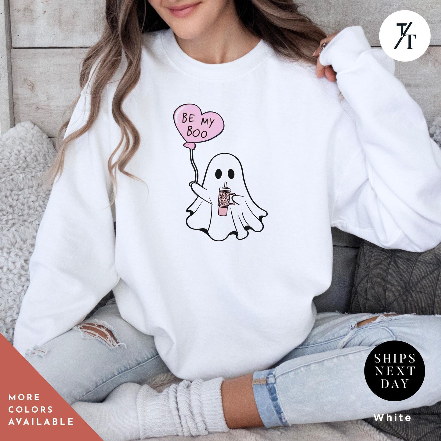 a woman wearing a white sweatshirt with a ghost holding a heart balloon, Be My Boo Sweatshirt, ghost sweater, valentines day hoodie, Valentine Sweatshirt, Heart Sweatshirts, Ghost Sweater, Be Mine Sweatshirts Xoxo