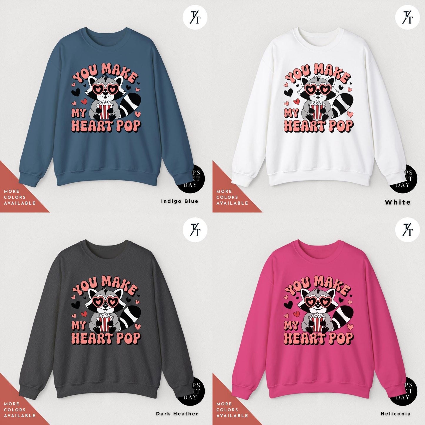 a grid of 4 sweatshirts of various colors with featuring a skeleton on them, You make my heart pop sweatshirt raccoon Valentines Day Gift For Her, feral girl valentine's Valentine Sweatshirt, Funny Popcorn Lover Gift