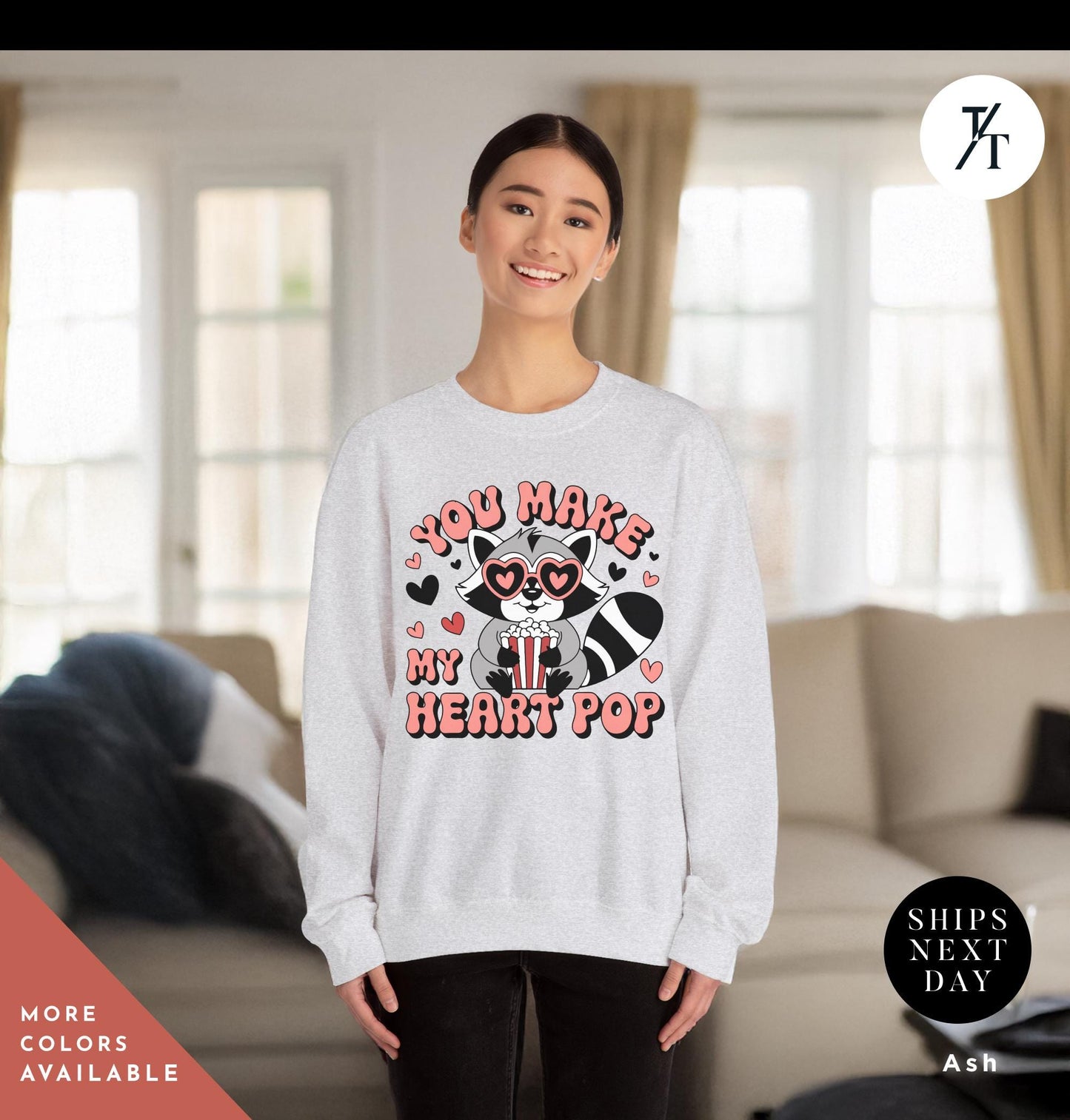 a woman wearing a valentine's day sweater with a skeleton on it, You make my heart pop sweatshirt raccoon Valentines Day Gift For Her, feral girl valentine's Valentine Sweatshirt, Funny Popcorn Lover Gift
