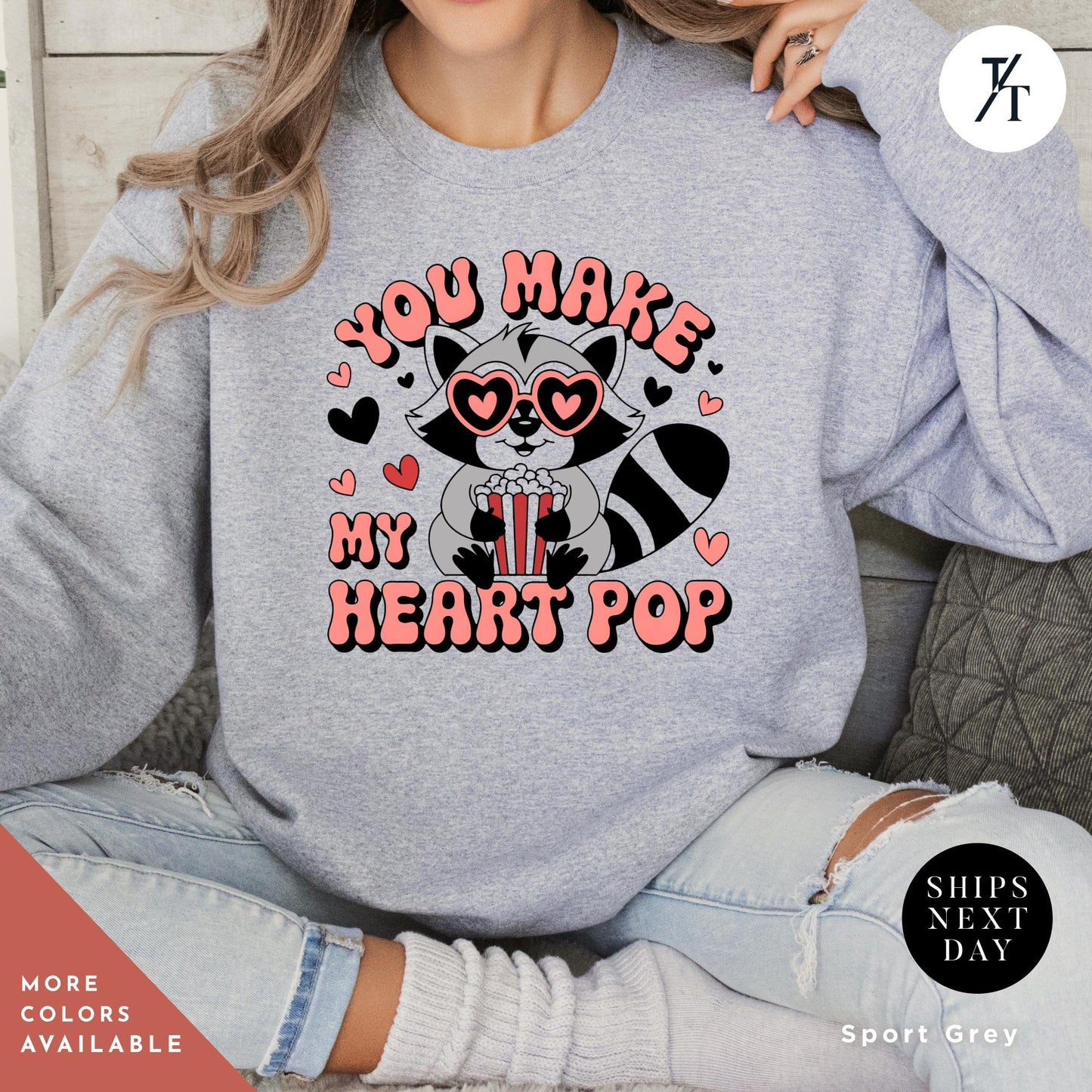 a woman wearing a valentine's day sweater with a skeleton on it, You make my heart pop sweatshirt raccoon Valentines Day Gift For Her, feral girl valentine's Valentine Sweatshirt, Funny Popcorn Lover Gift