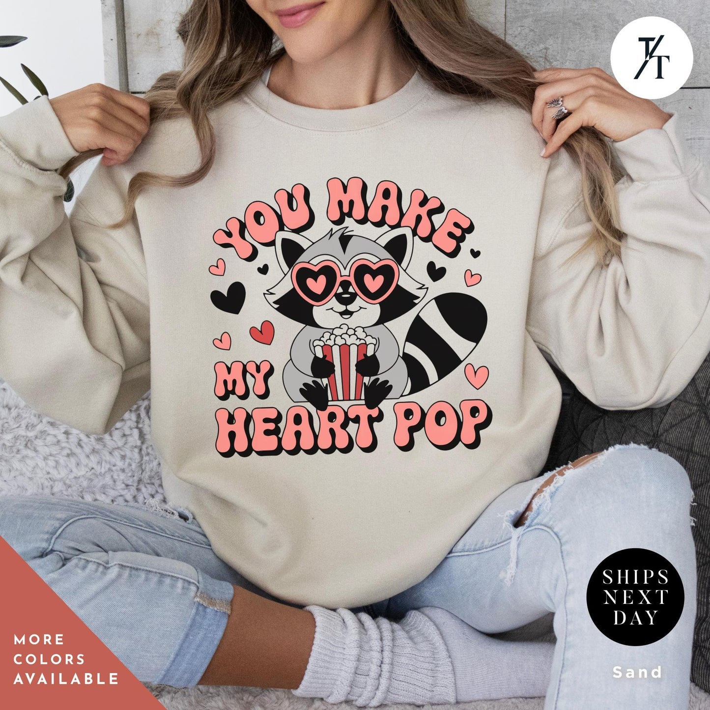 a woman wearing a valentine's day sweater with a skeleton on it, You make my heart pop sweatshirt raccoon Valentines Day Gift For Her, feral girl valentine's Valentine Sweatshirt, Funny Popcorn Lover Gift