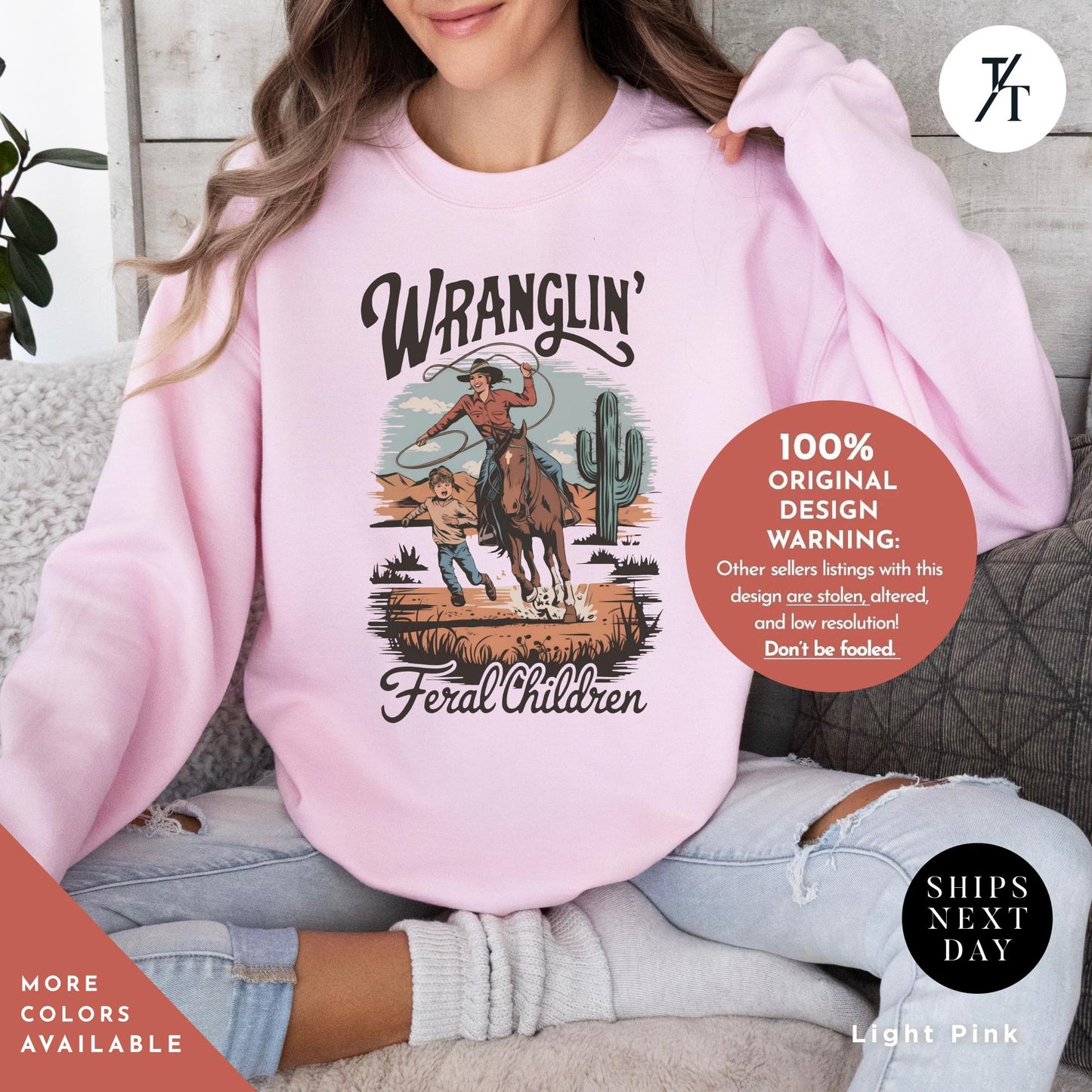 wranglin feral kids sweatshirt, Gift For Mom, Feral Mom Sweatshirt, Western Raccoon Cowboy sweater, Funny Parenting Humor Mother'S Day Gift