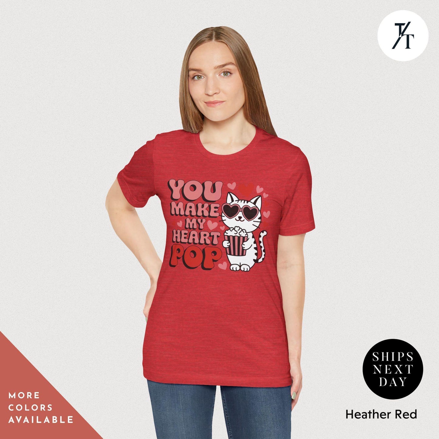 a woman wearing a red t - shirt with a cat on it, You Make My Heart Pop Shirt, Valentine Cat Shirt, Retro Valentines Day Shirts, Funny Valentine Tee, Cute Popcorn Valentines Gift for Her