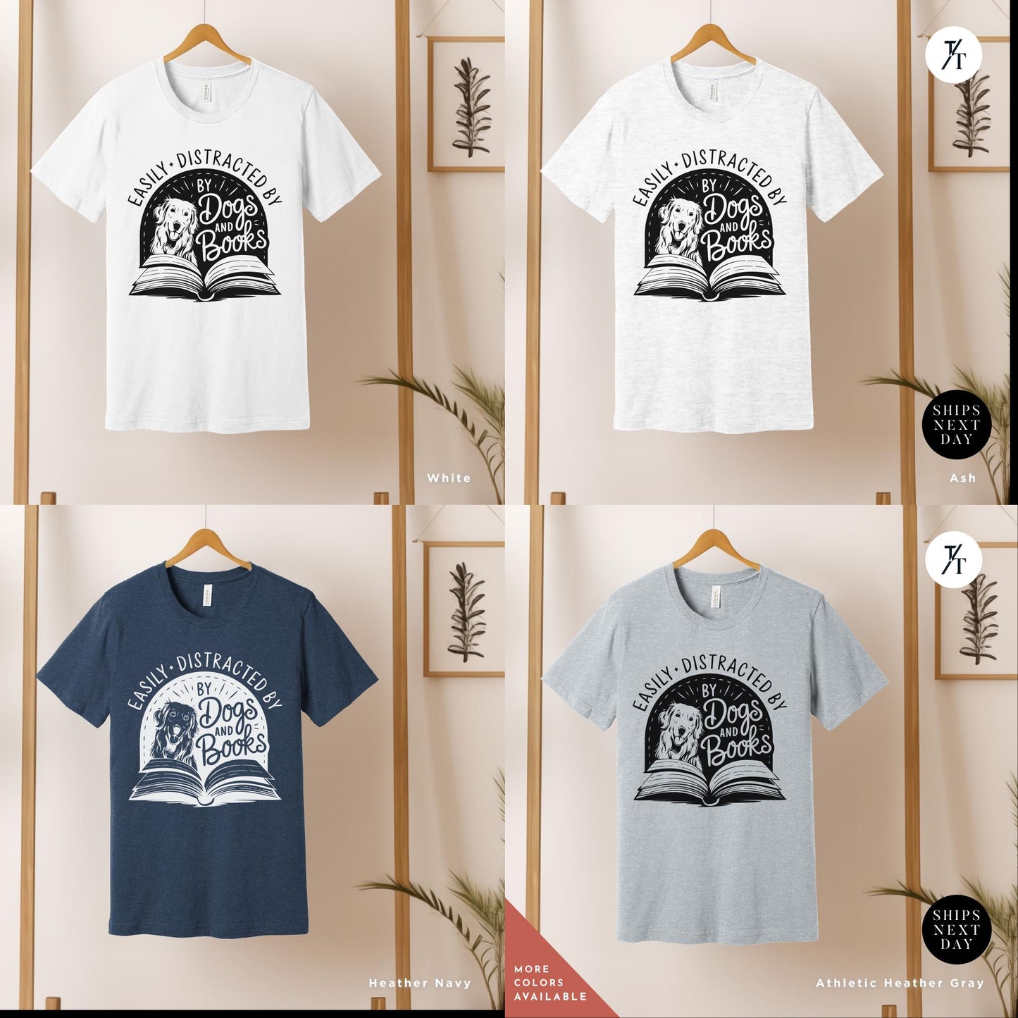 Funny Dog Lover Shirt -Easily distracted by dogs and books t shirt - Gift For Book Lovers - Cute Pet Owner Tee, Trendy Animal Lover Apparel