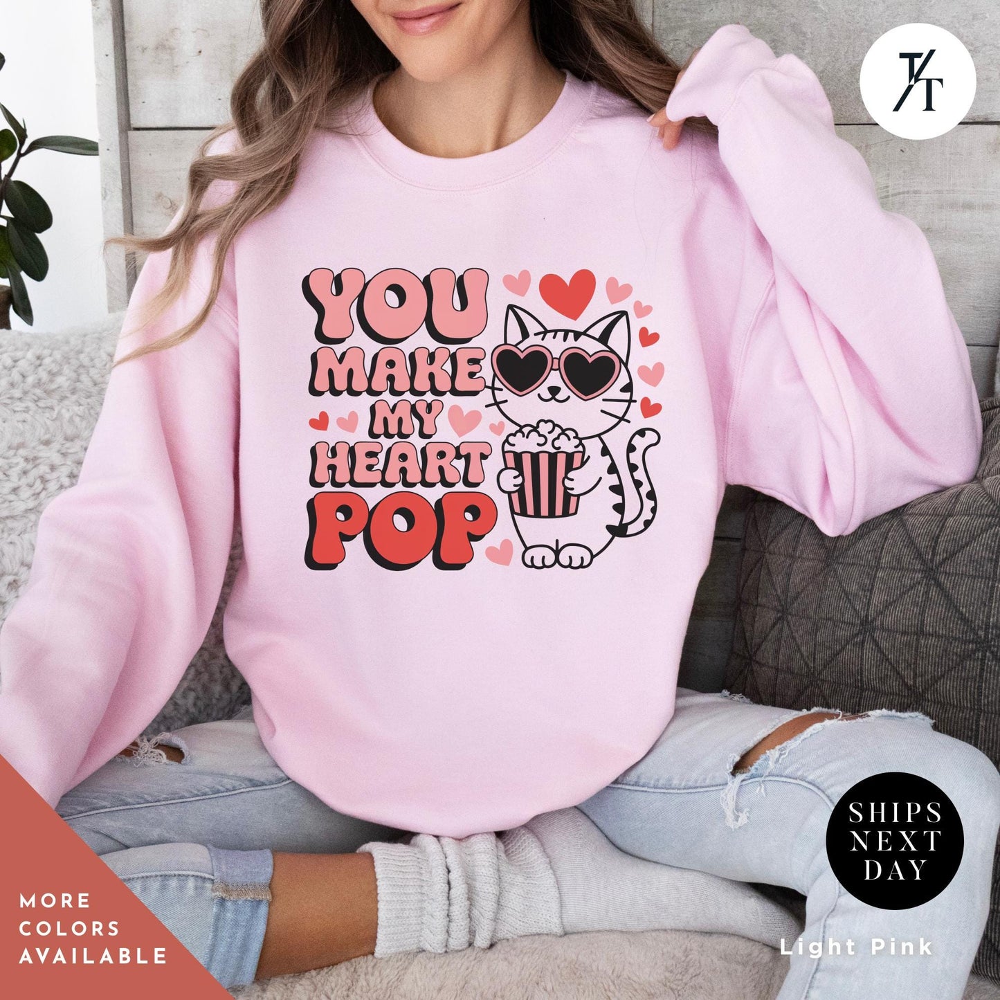 a woman wearing a sweatshirt that says you make my heart pop Cat Sweatshirt, Funny Valentine Cat Hoodie, Retro Valentines Day Sweatshirt, Cute Gift for Cat Lovers sweater
