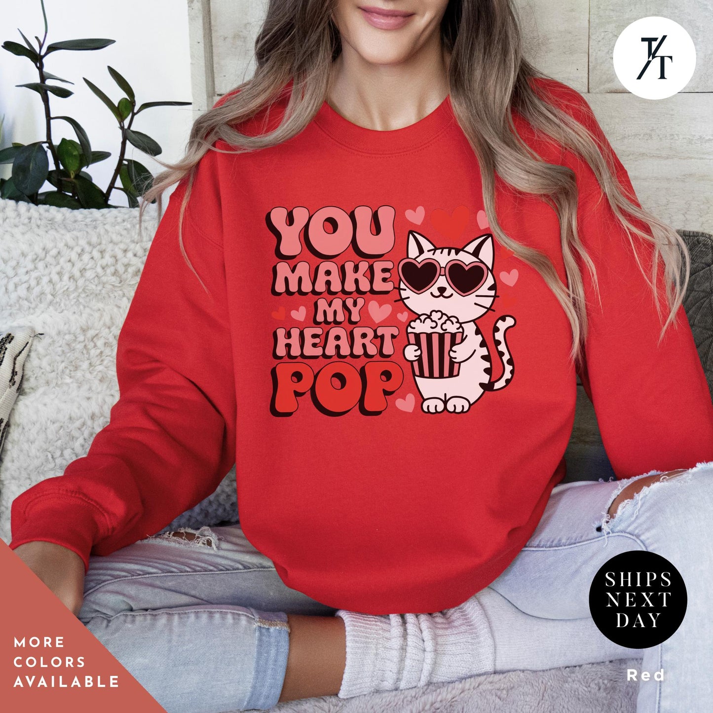 a woman wearing a sweatshirt that says you make my heart pop Cat Sweatshirt, Funny Valentine Cat Hoodie, Retro Valentines Day Sweatshirt, Cute Gift for Cat Lovers sweater