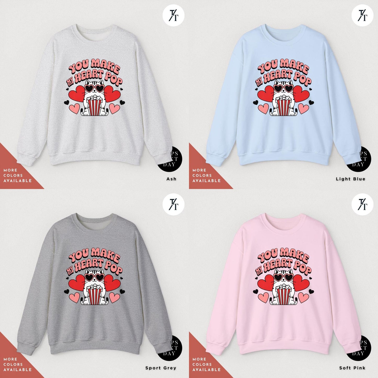 4 sweatshirts of various colors that say you make my heart pop Cat Sweatshirt, Funny Valentine Cat Hoodie, Retro Valentines Day Sweatshirt, Cute Gift for Cat Lovers sweater