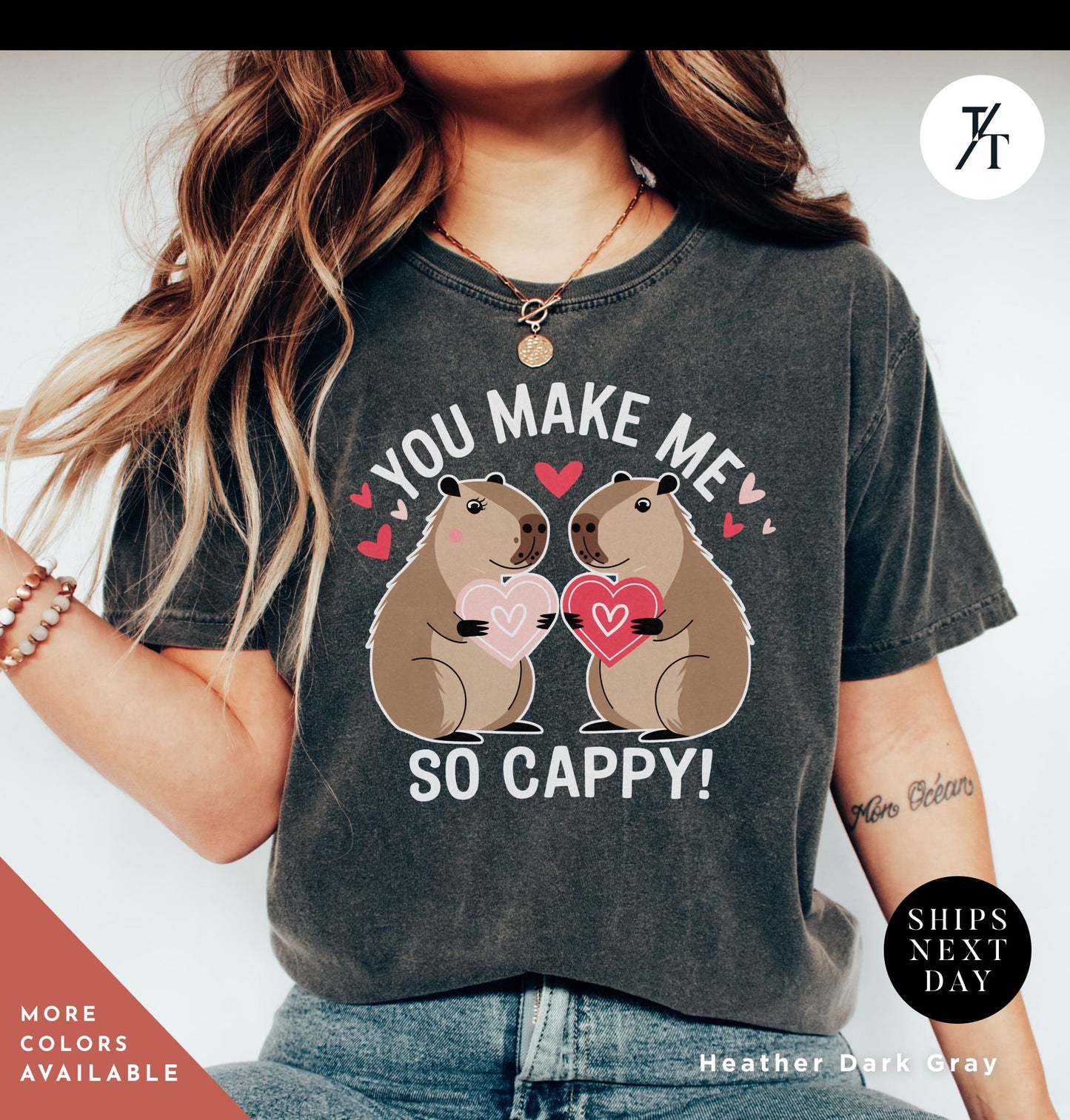 a woman wearing a shirt with a couple of capybaras kissing each other with the words you make me so cappy, Capybara Valentines Shirt, Gift For Her, Capybara Lover Gift, Funny Capybaras Shirt, Valentines Day Gifts, Animal Lover Gifts, Capybaras tee
