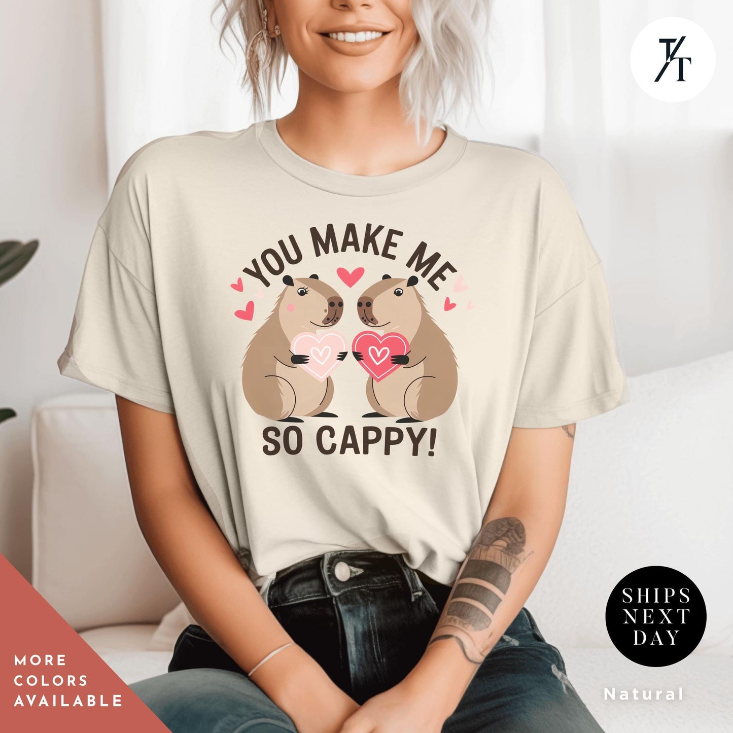 a tan shirt with a couple of capybaras kissing each other with the words you make me so cappy, Capybara Valentines Shirt, Gift For Her, Capybara Lover Gift, Funny Capybaras Shirt, Valentines Day Gifts, Animal Lover Gifts, Capybaras tee