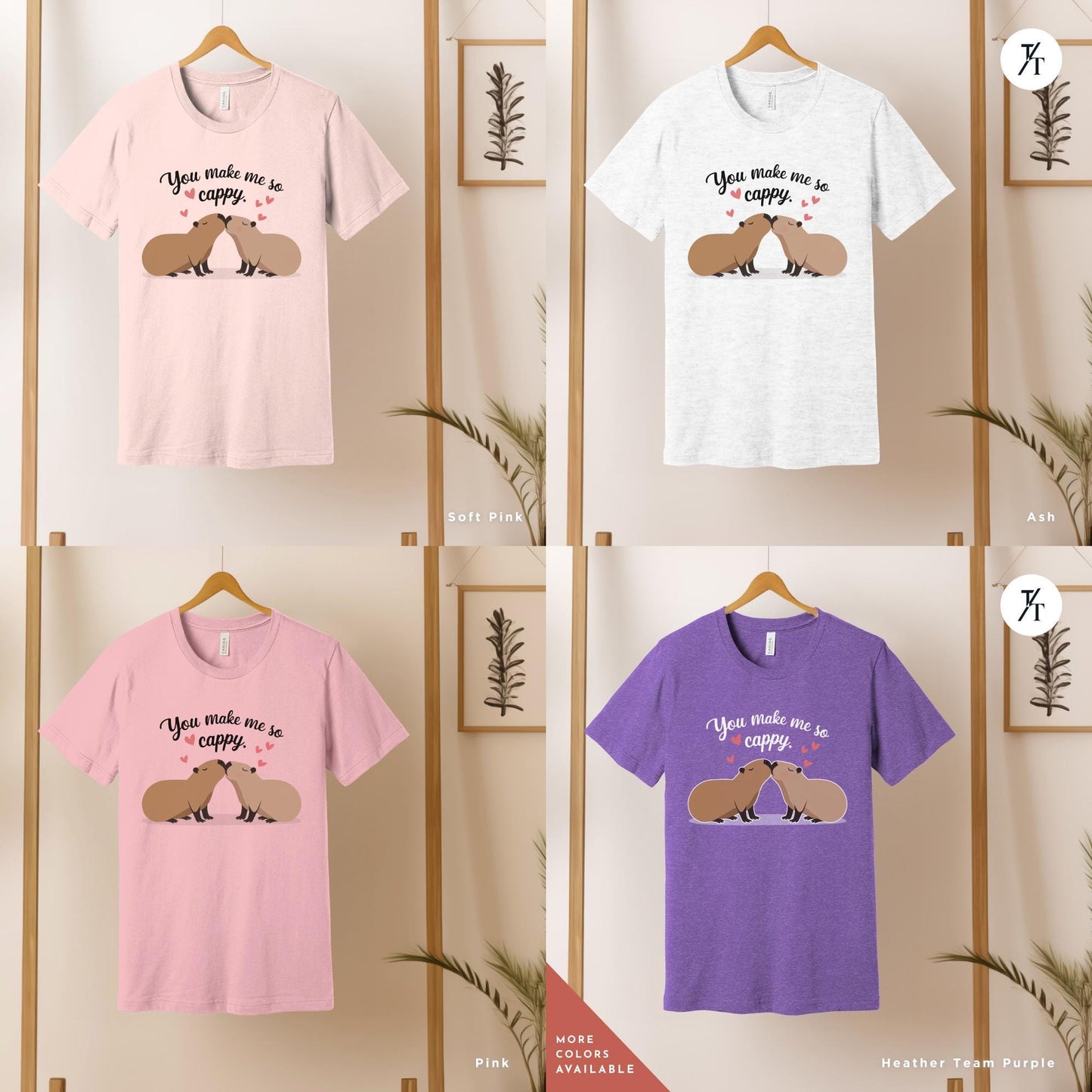 a grid of 4 shirts showing a design with a couple of capybaras kissing each other with the words you make me so cappy, Capybara Valentines Shirt, Gift For Her, Capybara Lover Gift, Funny Capybaras Shirt, Valentines Day Gifts, Animal Lover Gift