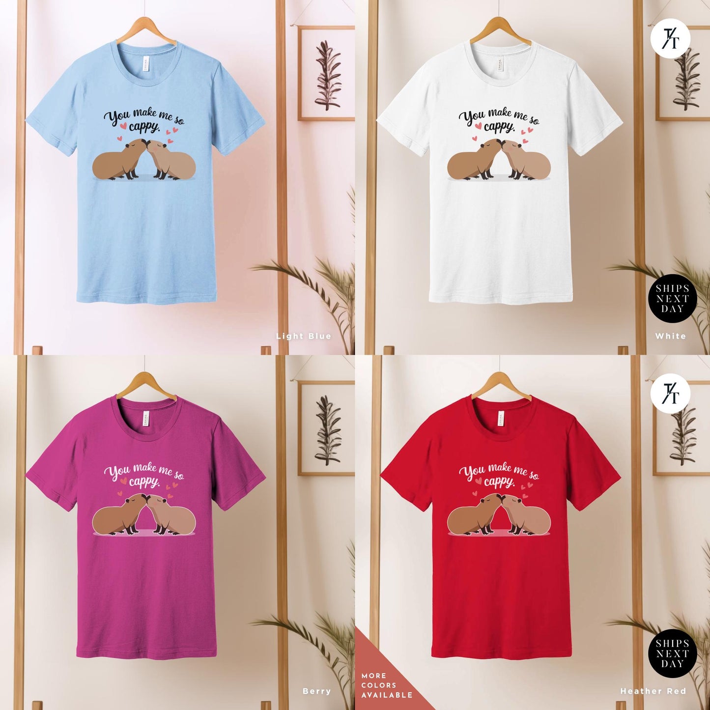 a grid of 4 shirts showing a design with a couple of capybaras kissing each other with the words you make me so cappy, Capybara Valentines Shirt, Gift For Her, Capybara Lover Gift, Funny Capybaras Shirt, Valentines Day Gifts, Animal Lover Gift
