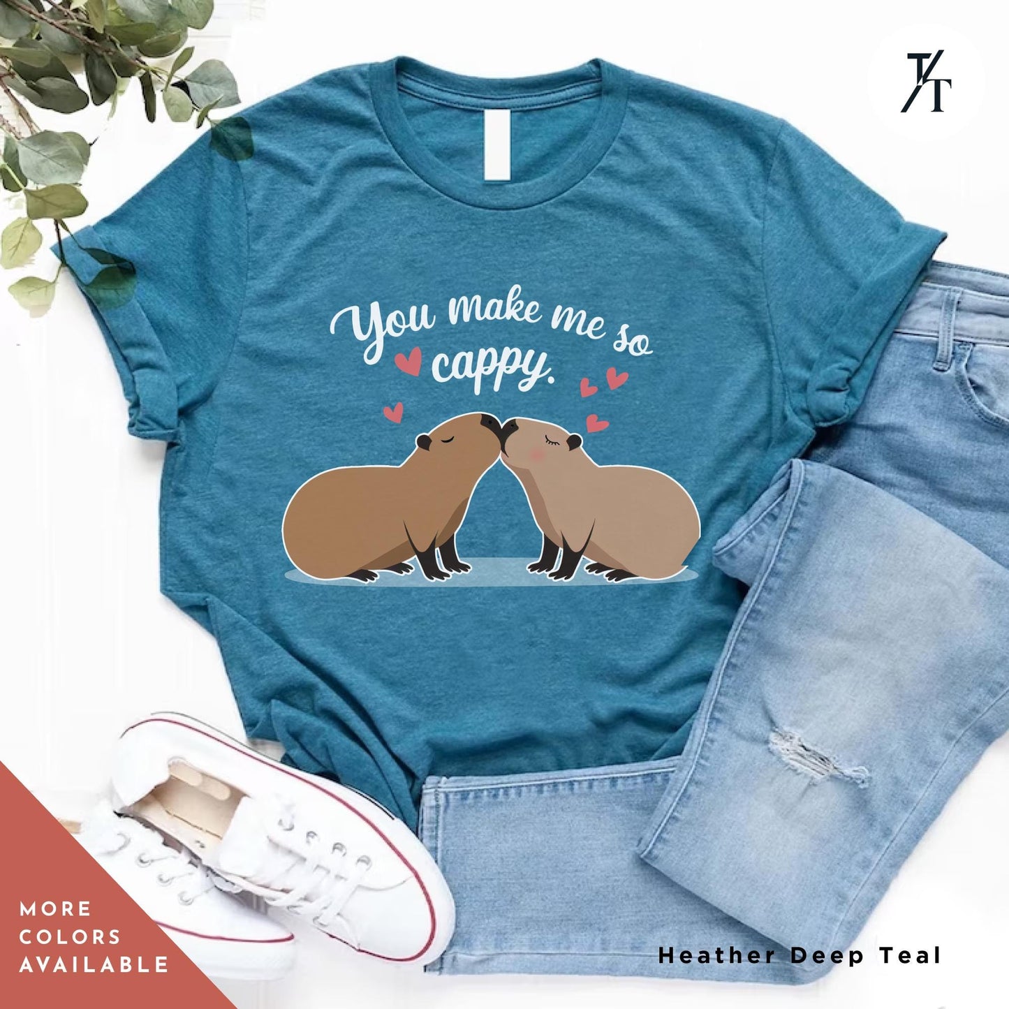 a teal shirt with a couple of capybaras kissing each other with the words you make me so cappy, , Capybara Valentines Shirt, Gift For Her, Capybara Lover Gift, Funny Capybaras Shirt, Valentines Day Gifts, Animal Lover Gifts, Capybaras tee