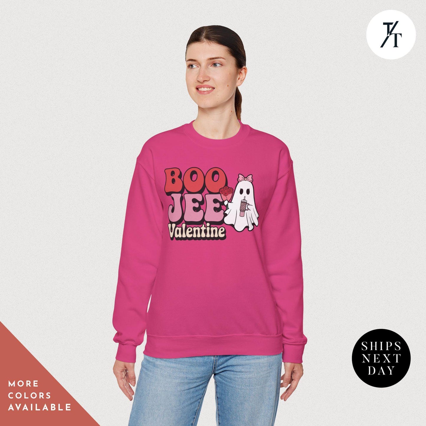 Woman wearing a sweatshirtwith a ghost holding roses and a stanley cup hat says "Boo Jee Valentine"