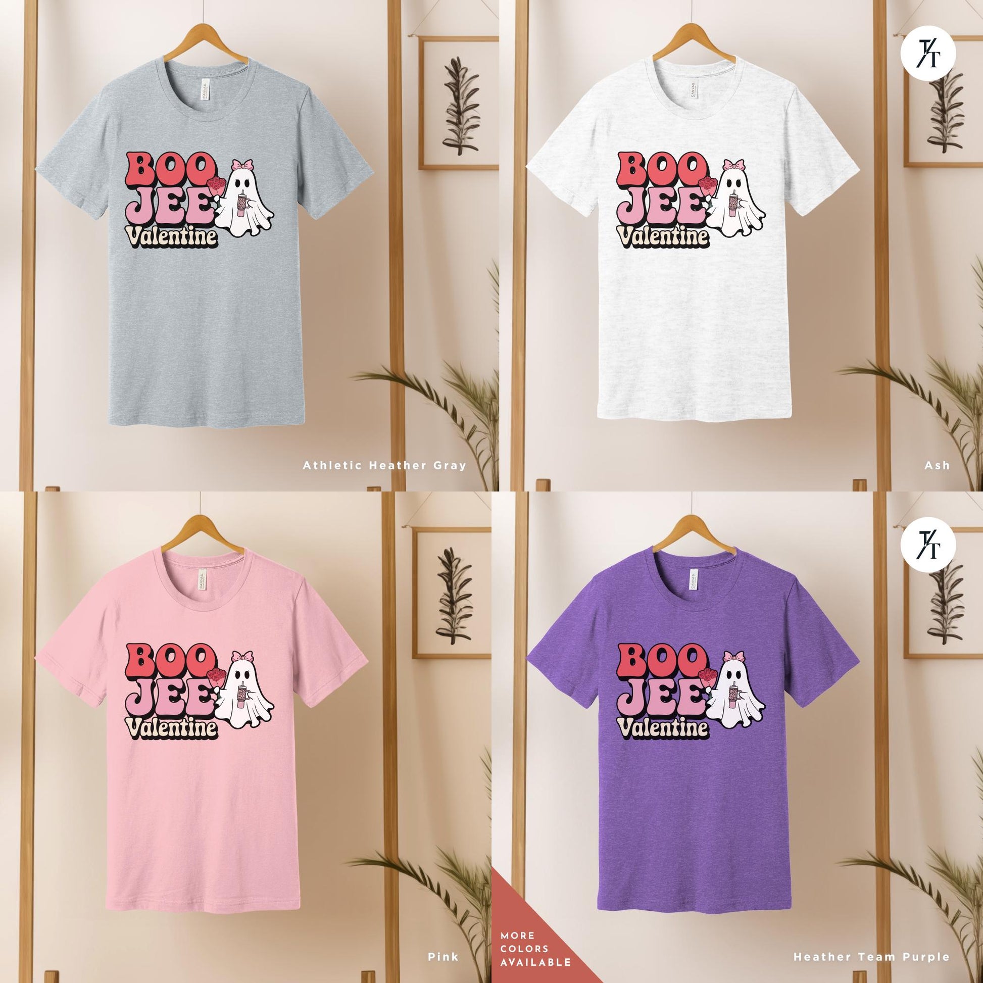 4 shirts of various colors that with a ghost holding roses and a stanley cup hat says "Boo Jee Valentine"