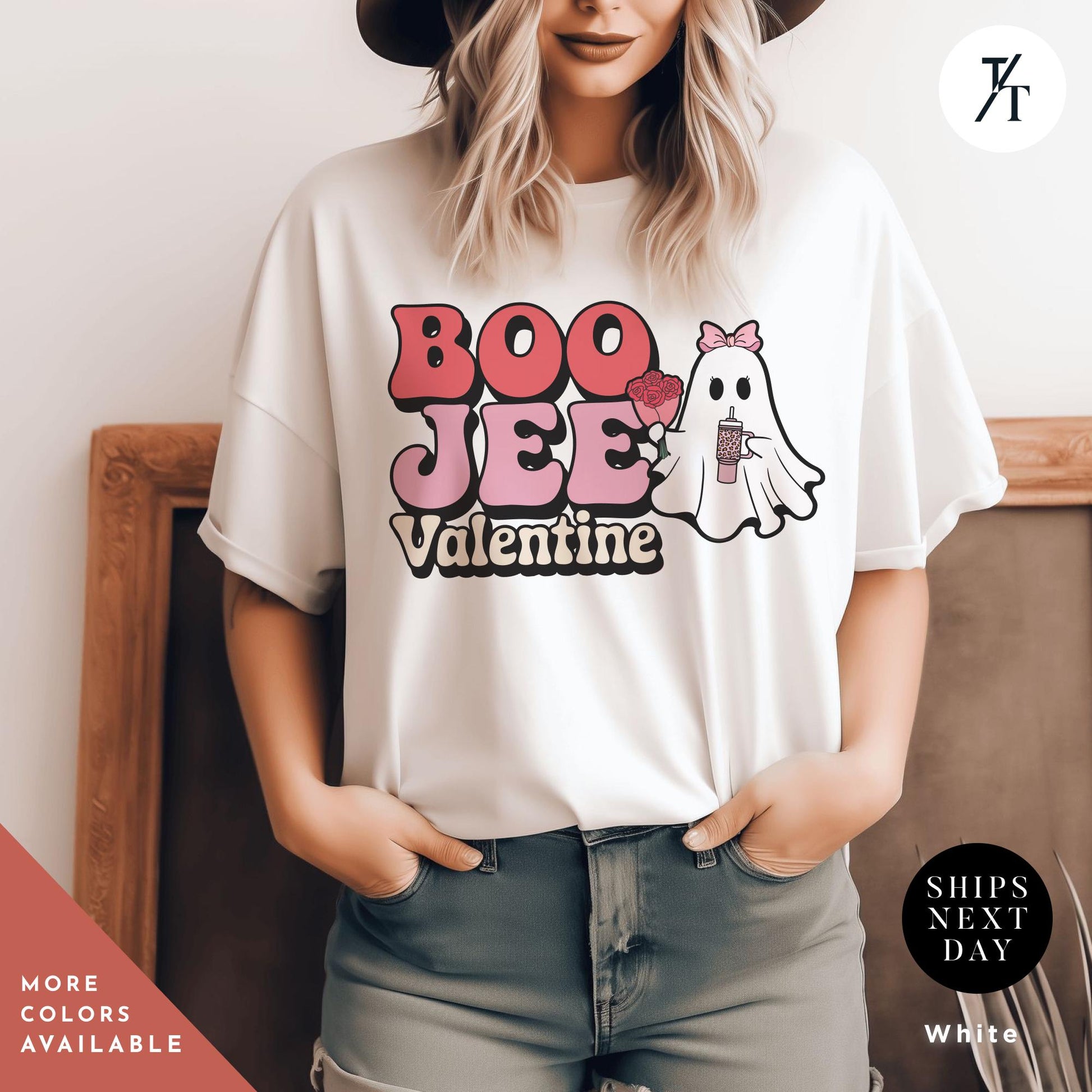 woman wearing a shirt with a ghost holding roses and a stanley cup hat says "Boo Jee Valentine"