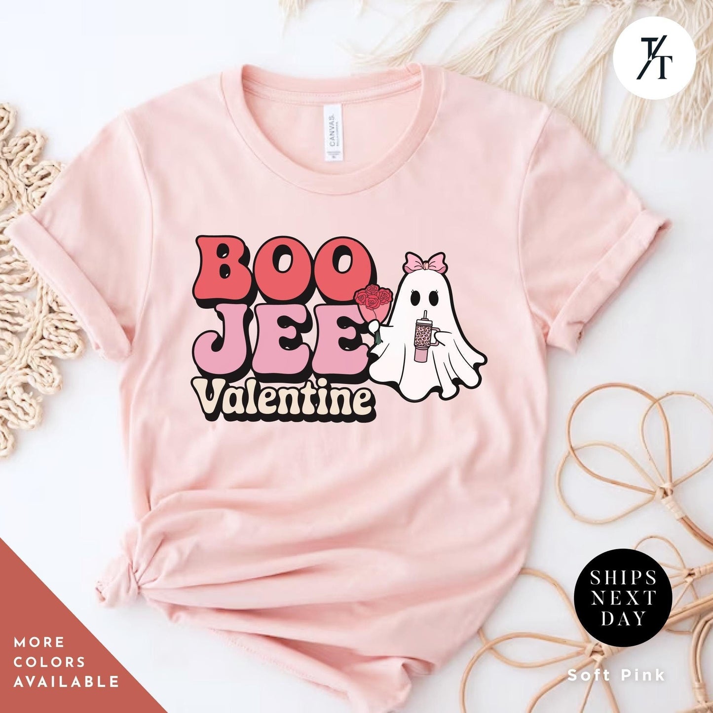 shirt with a ghost holding roses and a stanley cup hat says "Boo Jee Valentine"