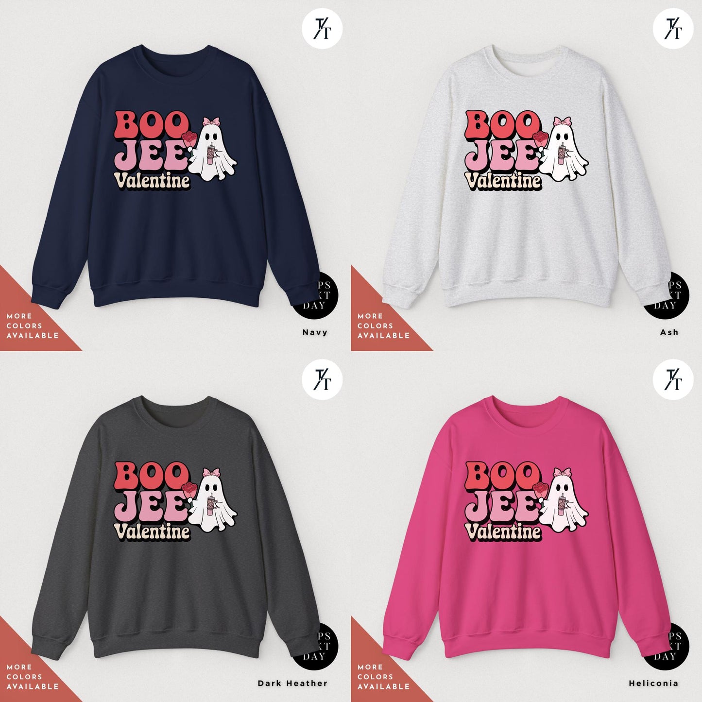 sweaters of various colors that with a ghost holding roses and a stanley cup hat says "Boo Jee Valentine"