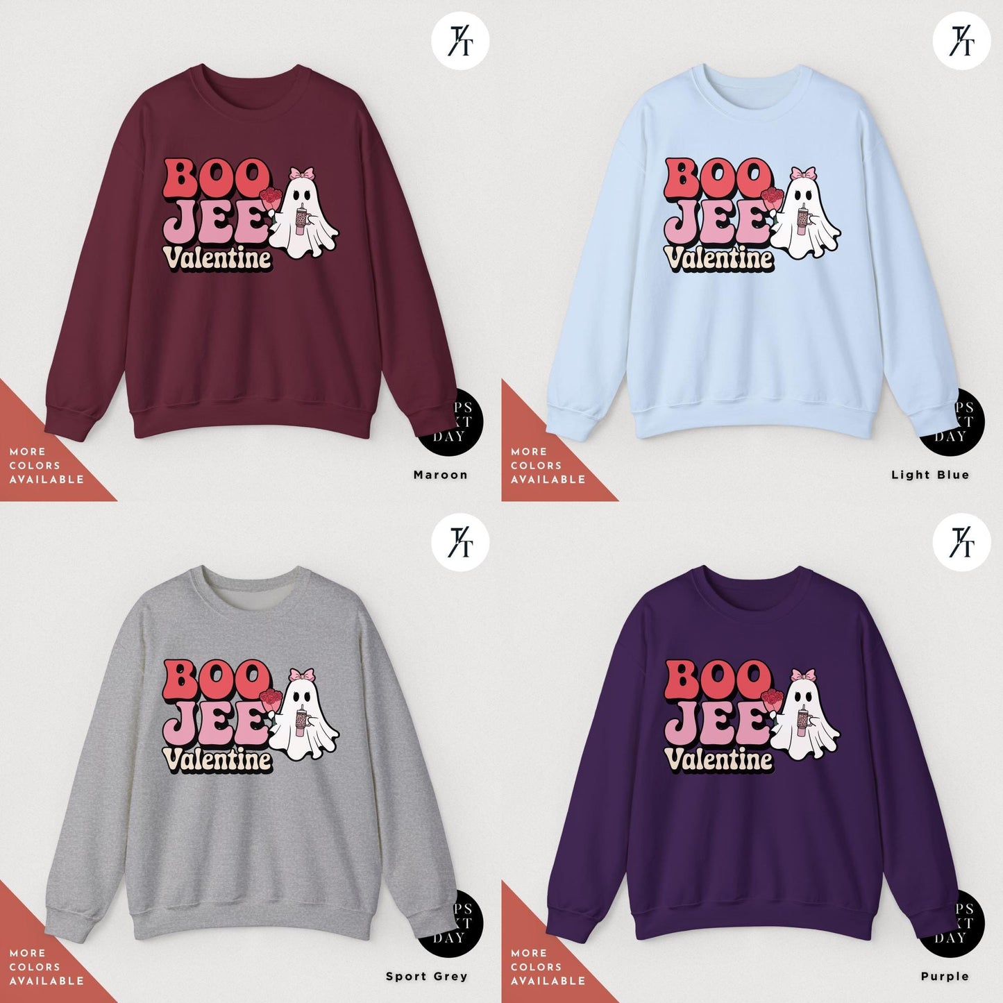 sweaters of various colors that with a ghost holding roses and a stanley cup hat says "Boo Jee Valentine"