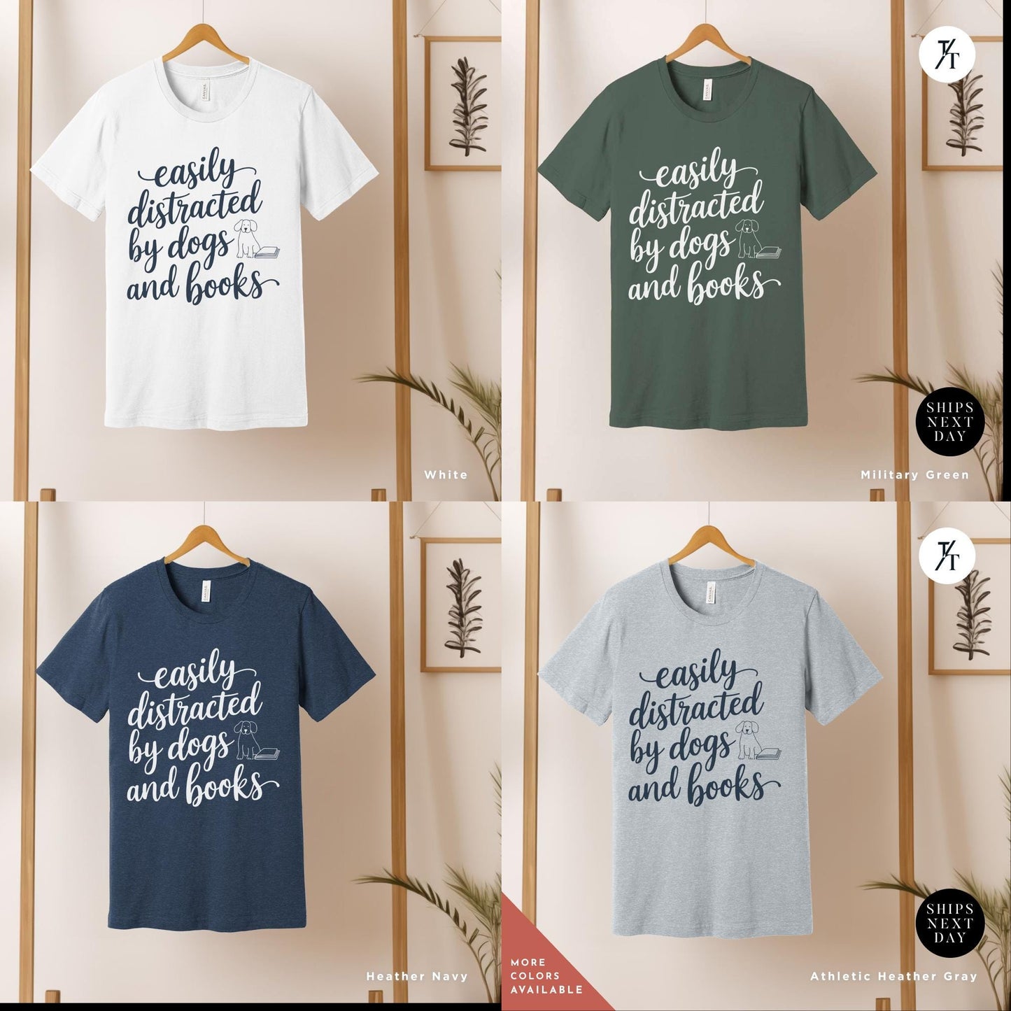 Funny Dog Lover Shirt -Easily distracted by dogs and books t shirt - Gift For Book Lovers - Cute Pet Owner Tee, Trendy Animal Lover Apparel