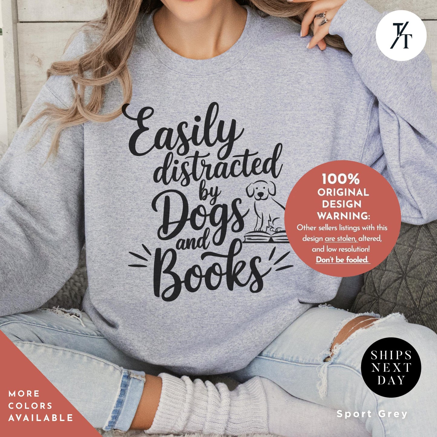 Easily Distracted By Dogs And Books Sweatshirt - Book Lover Gift - Funny Dog Sweatshirt - Dog Mom Gift for Librarian, Sweater for readers