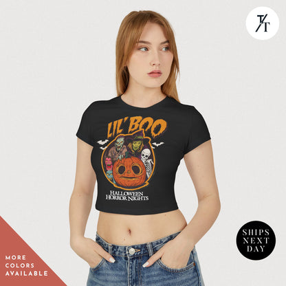 Women's Baby Tee Halloween Horror Nights Crop Top Lil Boo HHN Universal Orlando Shirt