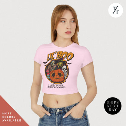 Women's Baby Tee Halloween Horror Nights Crop Top Lil Boo HHN Universal Orlando Shirt