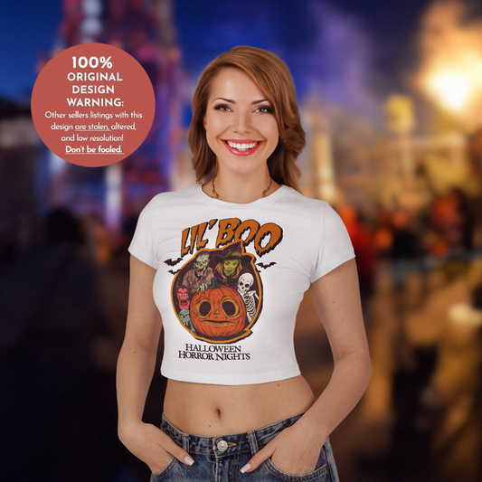 Women's Baby Tee Halloween Horror Nights Crop Top Lil Boo HHN Universal Orlando Shirt