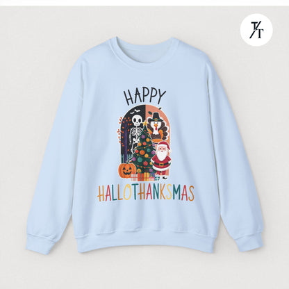 Festive Funny Happy Hallothanksmas Multi-Season Sweatshirt
