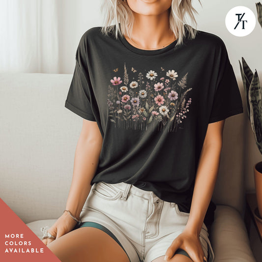 Vintage Botanical Flower Tee Distressed Wildflower Shirt
