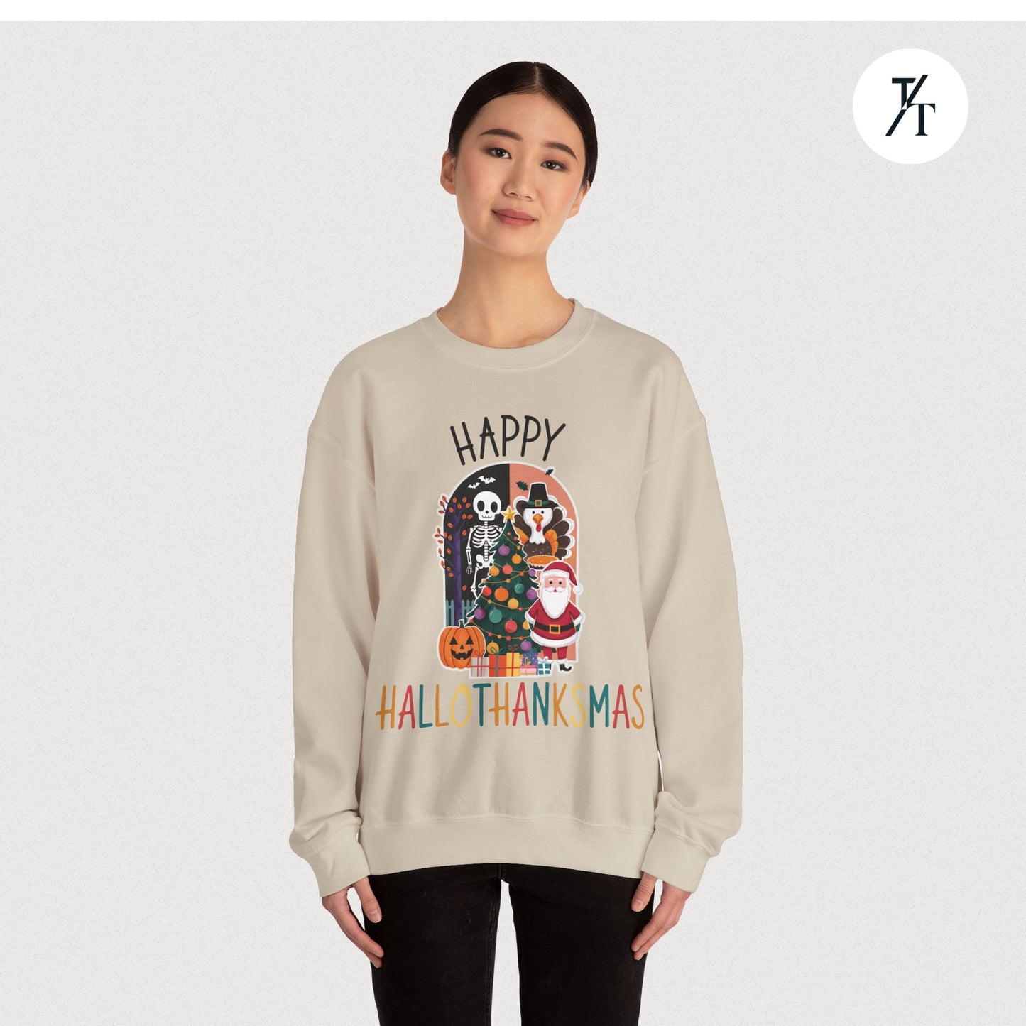 Festive Funny Happy Hallothanksmas Multi-Season Sweatshirt