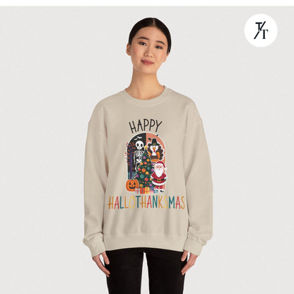 Festive Funny Happy Hallothanksmas Multi-Season Sweatshirt
