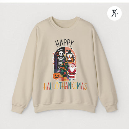 Festive Funny Happy Hallothanksmas Multi-Season Sweatshirt