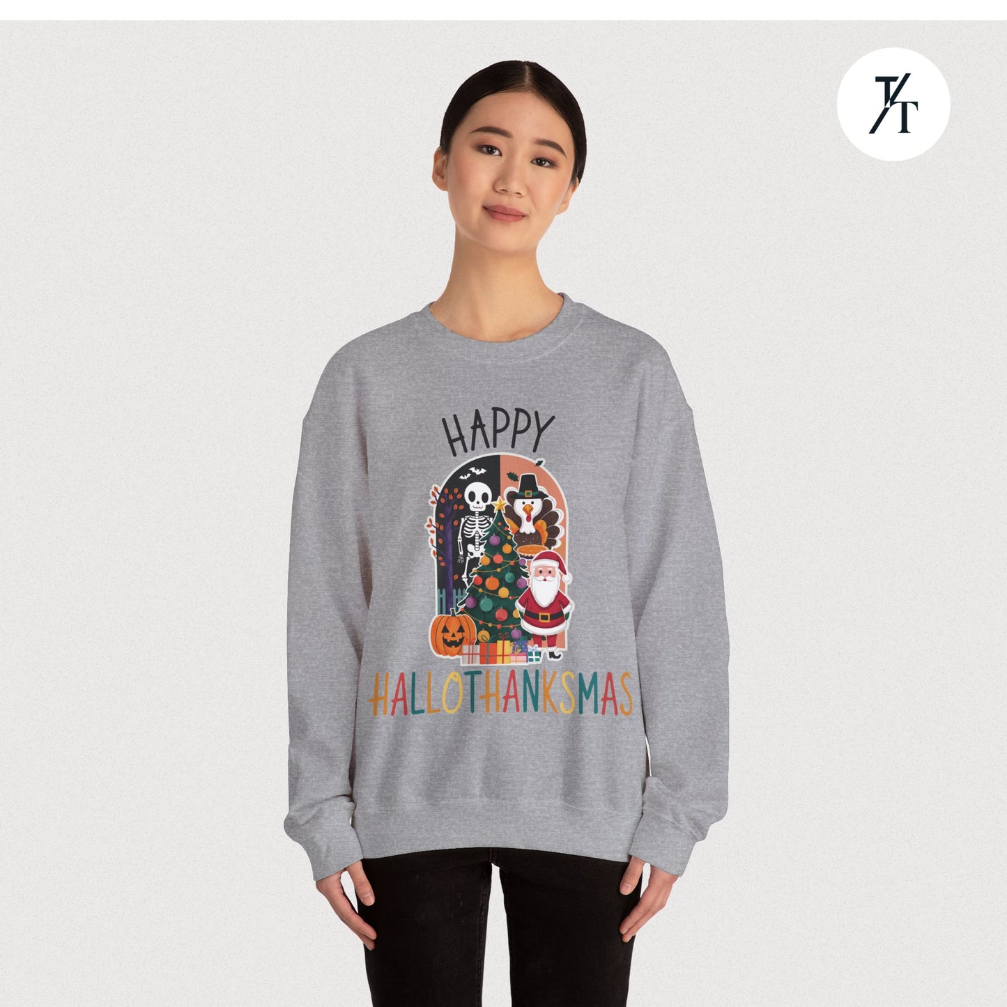 Festive Funny Happy Hallothanksmas Multi-Season Sweatshirt