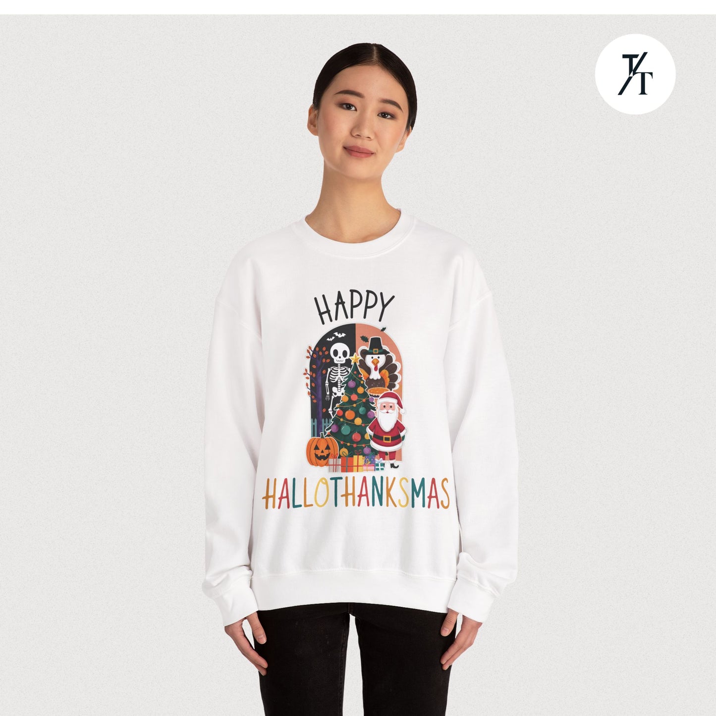 Festive Funny Happy Hallothanksmas Multi-Season Sweatshirt