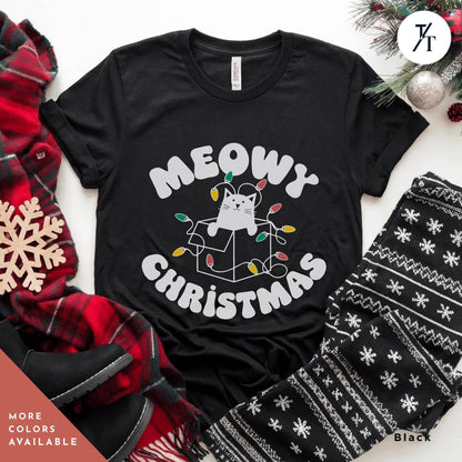 Meowy Christmas Black Cat Christmas Lights Shirt Gift
