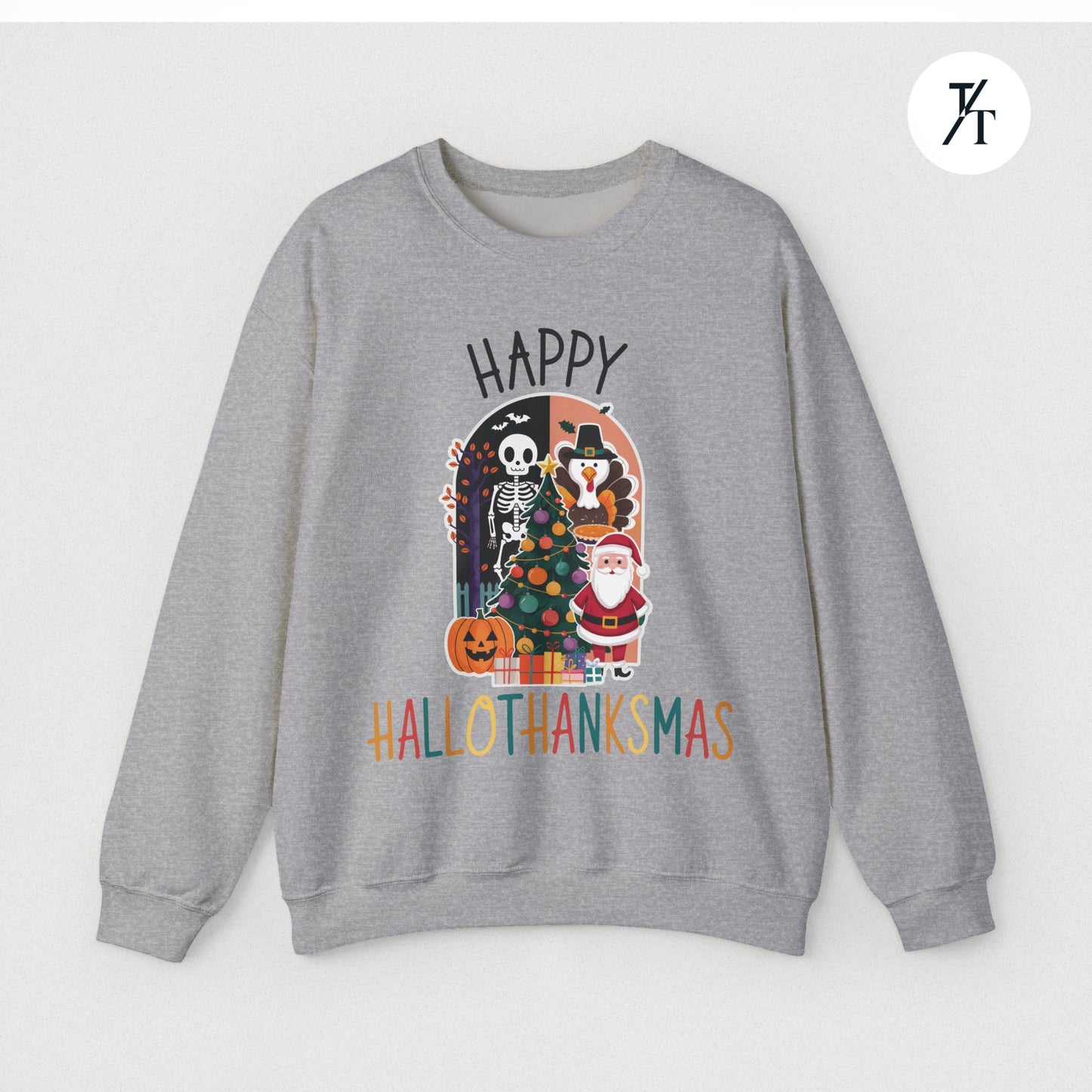 Festive Funny Happy Hallothanksmas Multi-Season Sweatshirt
