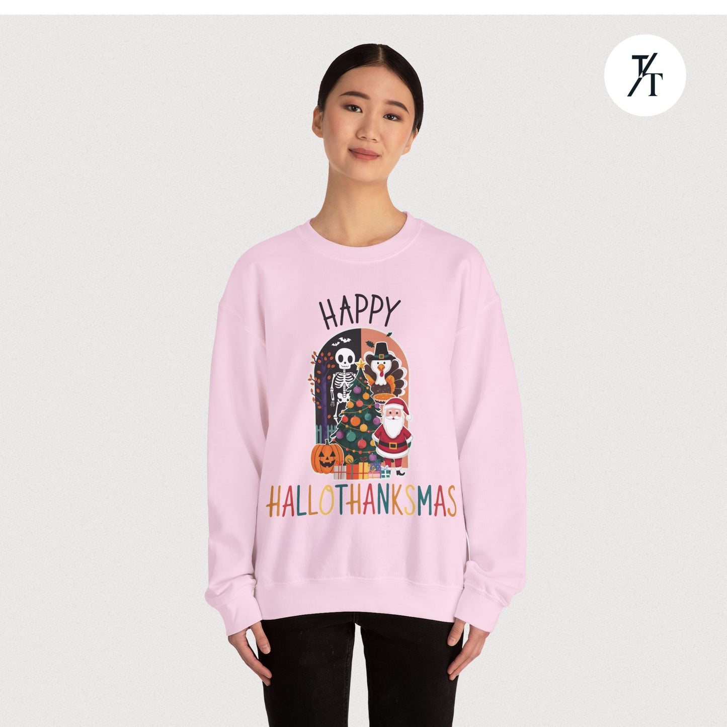 Festive Funny Happy Hallothanksmas Multi-Season Sweatshirt