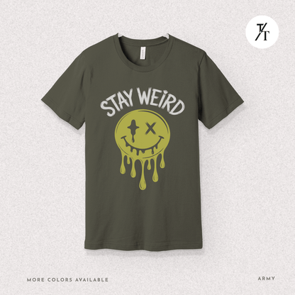 "Stay Weird" Drippy Face Tee, Melting Optimism: Distorted Smiley Face Graphic  Alt Vibe StatementT-shirt