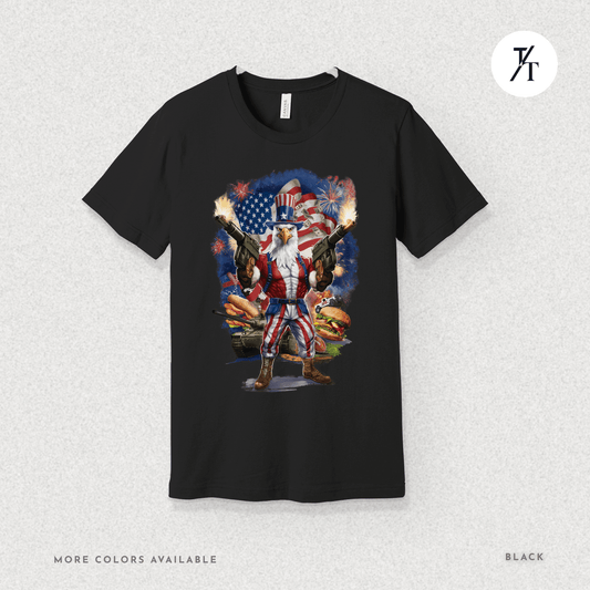 Funny Ultra Patriotic USA Freedom Bald Eagle, a Hilarious 4th of July Satire Joke Graphic Tee