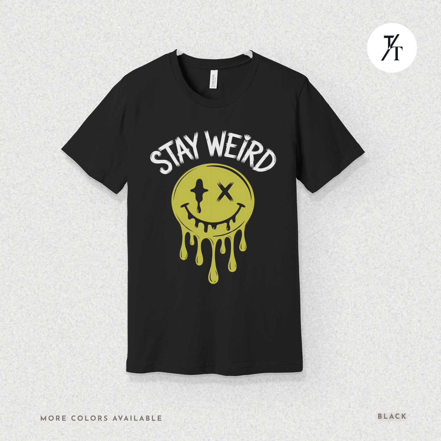 "Stay Weird" Drippy Face Tee, Melting Optimism: Distorted Smiley Face Graphic  Alt Vibe StatementT-shirt