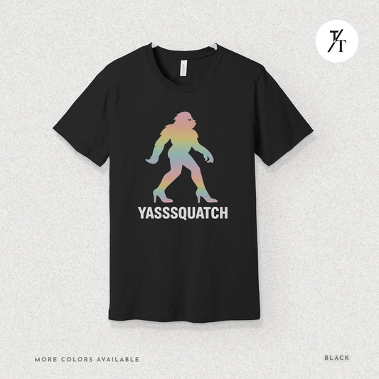 Yasssquatch: Pride Bigfoot Silhouette, Rainbow LGBTQ+ Cryptid Art- Graphic T-shirt