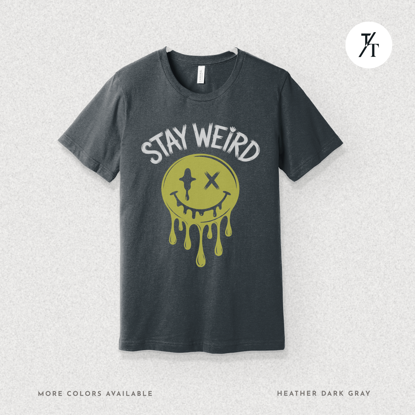 "Stay Weird" Drippy Face Tee, Melting Optimism: Distorted Smiley Face Graphic  Alt Vibe StatementT-shirt
