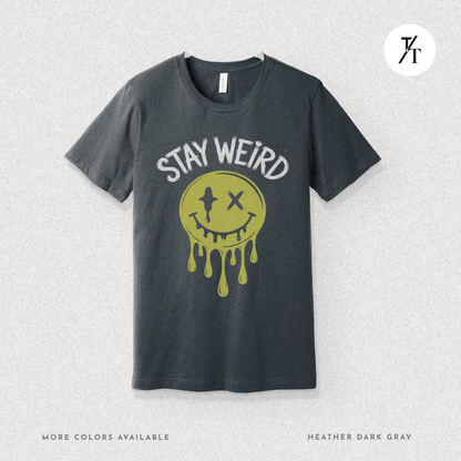 "Stay Weird" Drippy Face Tee, Melting Optimism: Distorted Smiley Face Graphic  Alt Vibe StatementT-shirt