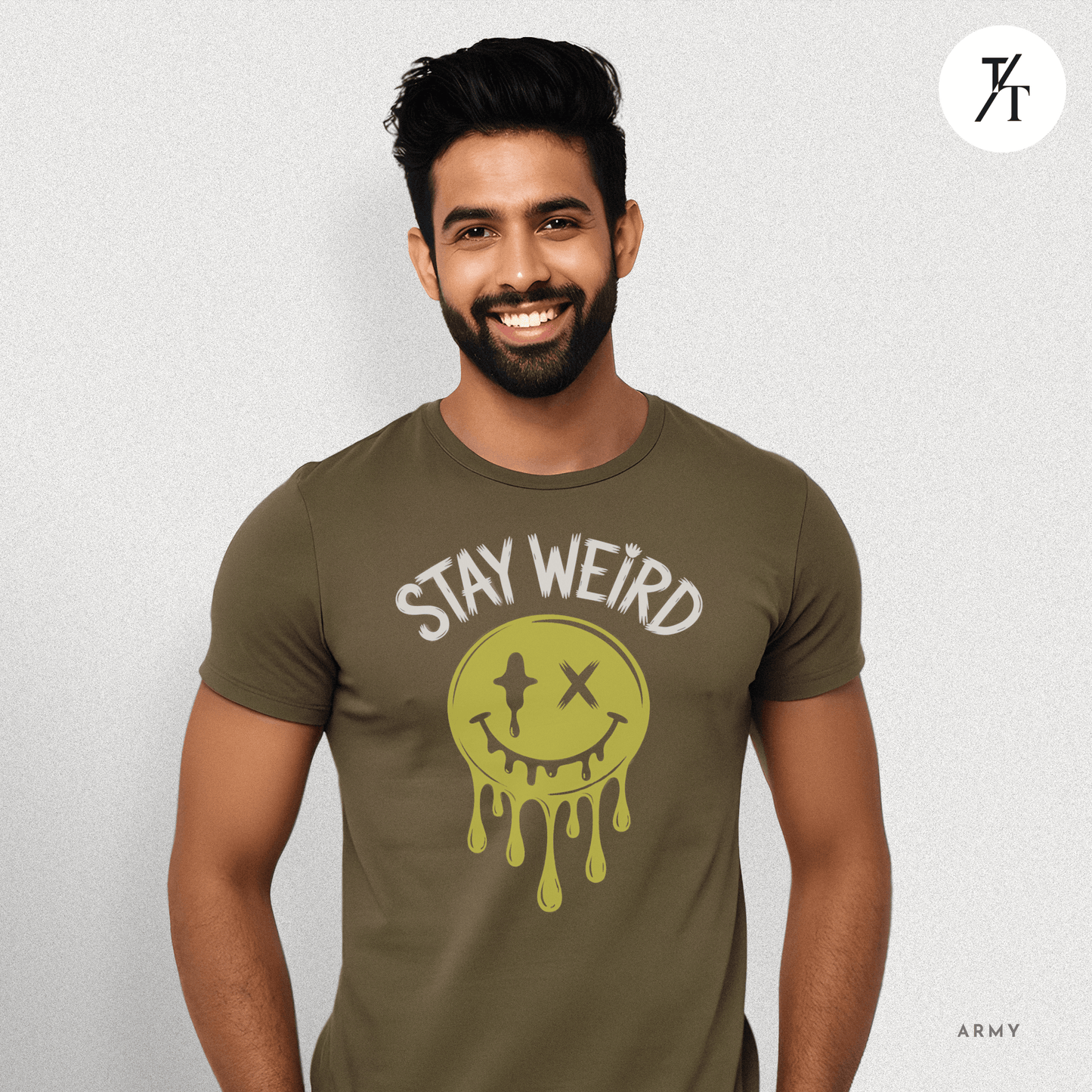 "Stay Weird" Drippy Face Tee, Melting Optimism: Distorted Smiley Face Graphic  Alt Vibe StatementT-shirt
