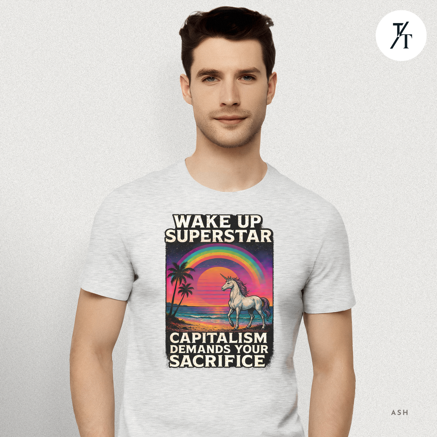 Capitalist Dreamscape: Retro Unicorn Beach, Satirical 80s Graphic Design- Graphic T-shirt