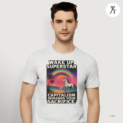 Capitalist Dreamscape: Retro Unicorn Beach, Satirical 80s Graphic Design- Graphic T-shirt