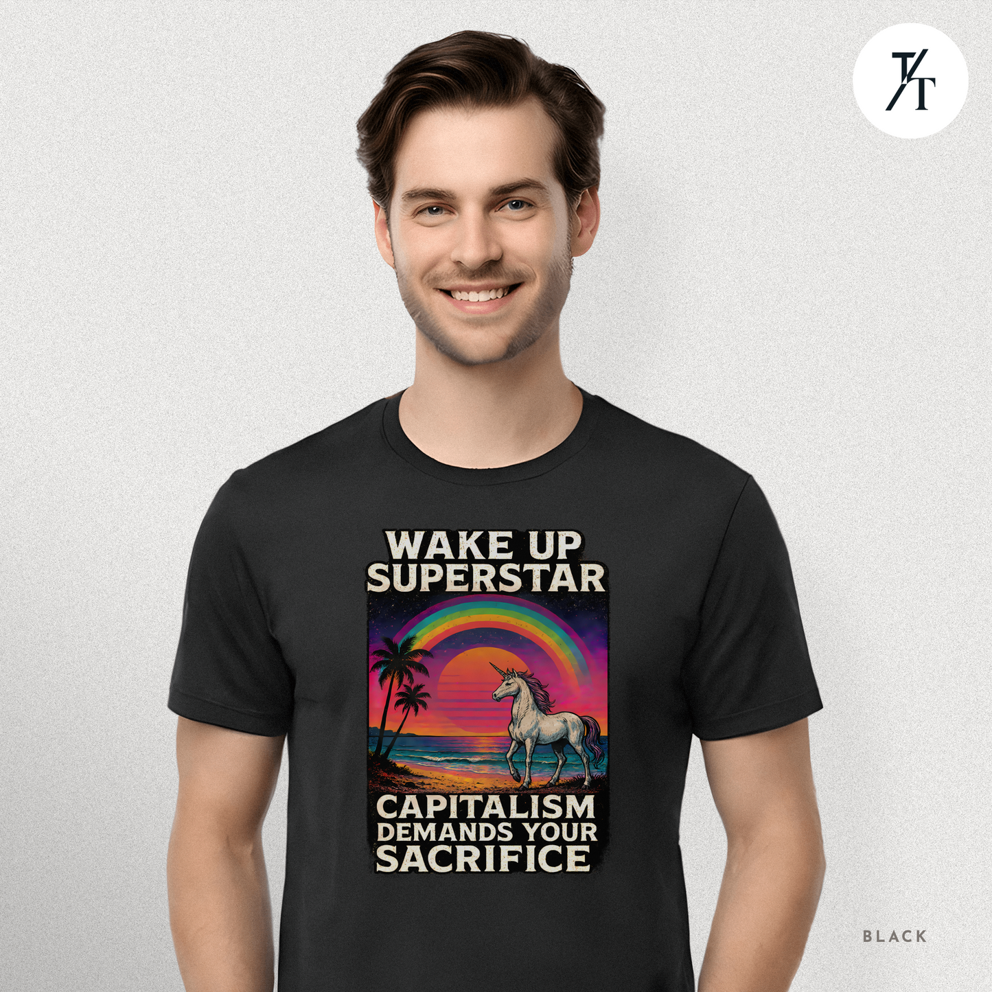 Capitalist Dreamscape: Retro Unicorn Beach, Satirical 80s Graphic Design- Graphic T-shirt