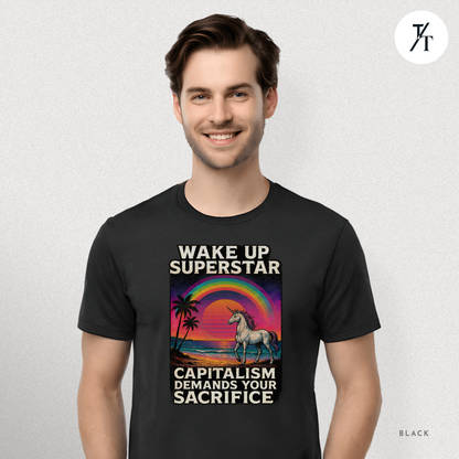 Capitalist Dreamscape: Retro Unicorn Beach, Satirical 80s Graphic Design- Graphic T-shirt