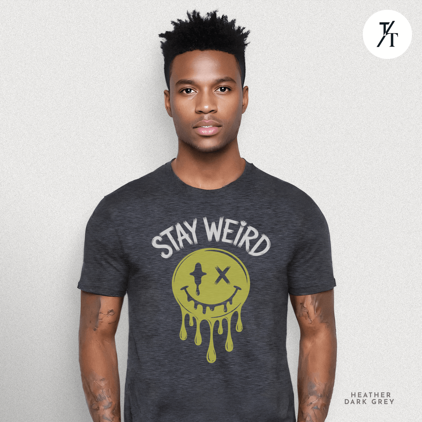 "Stay Weird" Drippy Face Tee, Melting Optimism: Distorted Smiley Face Graphic  Alt Vibe StatementT-shirt